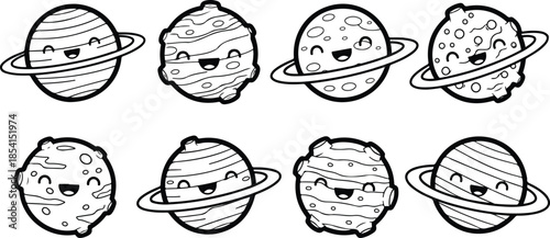 A set of eight cartoon planet characters with rings and smiling faces
