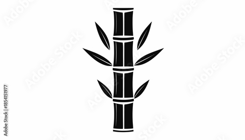 Black silhouette of bamboo stalk with leaves on white background.
