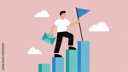 Businessman climbing a bar graph with flag, symbolizing career success and goals