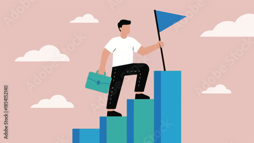 Success concept: Man with briefcase planting flag on top of growth chart.