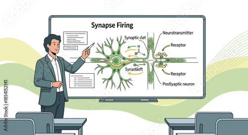 Animated educational illustration of a teacher explaining synapse firing mechanism in a classroom