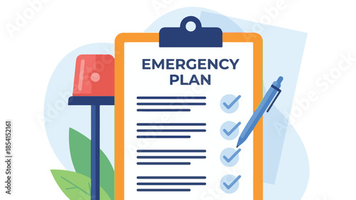 Emergency plan checklist for safety and preparedness concept, vector illustration