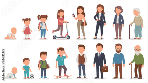 Human lifecycle: people from baby to senior, male and female, at all ages.