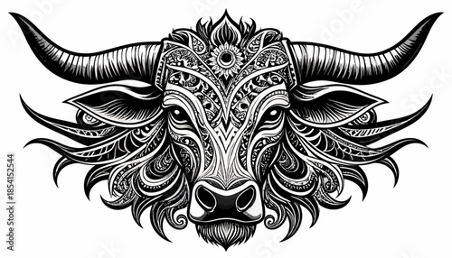 Detailed black and white illustration of a bull with intricate patterns.