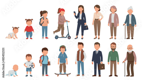 Generations and life stages of diverse people, isolated on white