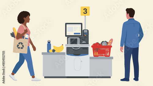Customers using self-checkout at a grocery store with sustainable bags