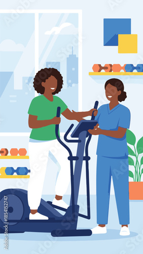 Woman training on elliptical machine with physical therapist