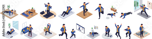Isometric Home Workout Routine with Man in Different Exercise Poses Illustration