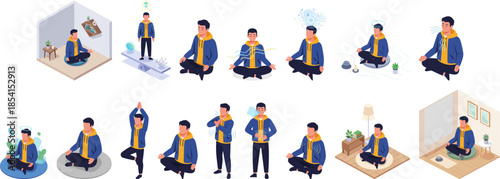 Isometric Illustration Set of Man Meditating for Relaxation and Mental Health
