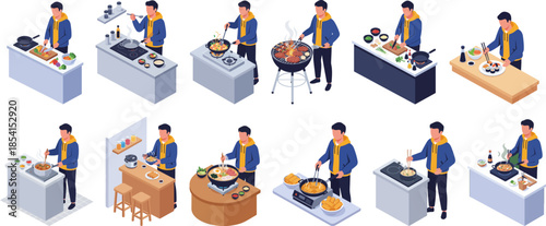 Isometric Detail Man Cooking Various Dishes Preparation at Kitchen Illustration