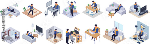Isometric Detailed Person in Different Activity Lifestyle and Home Interior Illustration