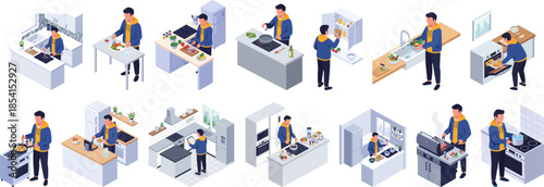Isometric Interior Design Man Cooking Food Preparation at Kitchen Scenarios
