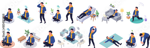 Isometric Illustrated Man Meditating and Doing Relaxation Exercise at Home Set