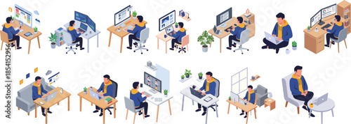 Isometric Person Work From Home Illustration Set on Desk and Laptop