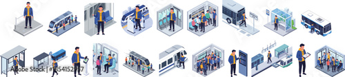 Isometric Illustration Collection People in Public Transport and Transportation System