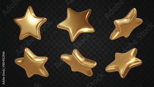 A collection of six shiny golden 3d stars in various rotations and angles on a dark transparent background.