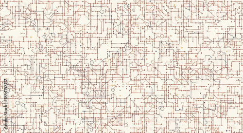 This intricate abstract pattern of interconnected lines and dots forms a complex digital network, symbolizing data flow and advanced technological systems.