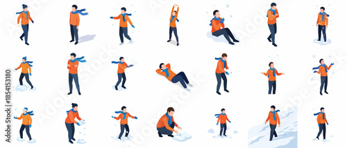 Isometric Winter Activity People Set with Snowballs Playing Outdoor Poses