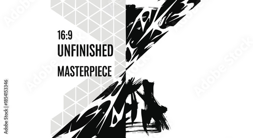 A striking graphic design showcasing a dynamic contrast between structured geometric patterns and expressive, chaotic brushstrokes, evoking an unfinished masterpiece concept.