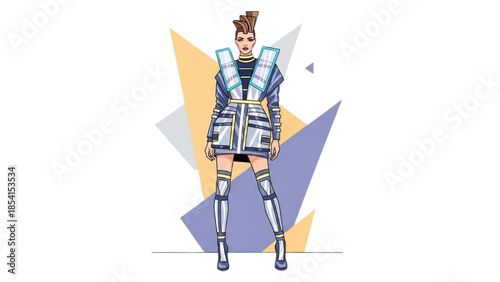 Futuristic female character in metallic armor standing against geometric shapes