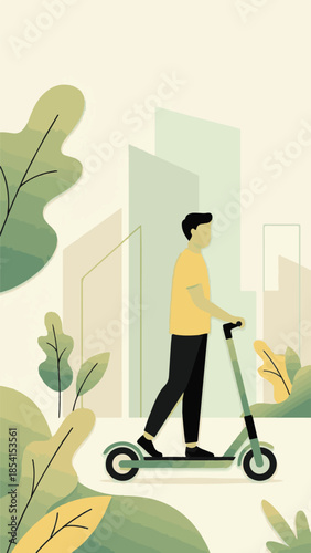 Urban man commuting on electric scooter in a modern green city setting