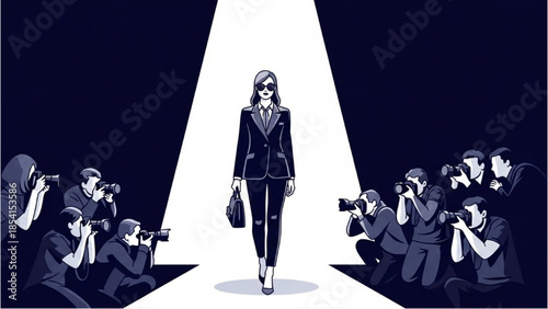 Woman in business attire walking down a runway surrounded by photographers