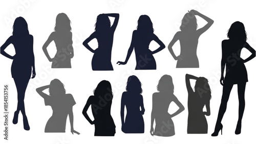 Collection of female silhouettes in various poses and outfits showcasing elegance and poise