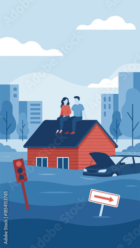 Couple seeking refuge on house roof during a city flood disaster