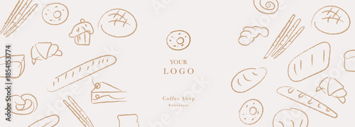 Hand drawn illustration of Bakery. Bread, loaf, baguette, bakery products, cinnabon, croissant. Abstract geometric line background. Web banner.