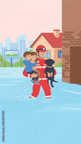 Emergency rescuer evacuating family and dog during a severe flood