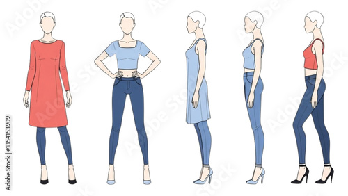Fashion illustration of a woman showcasing various outfits and poses in different styles and attire