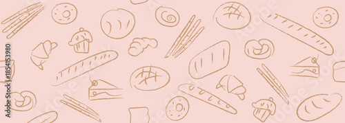 Hand drawn illustration of Bakery. Bread, loaf, baguette, bakery products, cinnabon, croissant. Abstract geometric line background. Web banner.