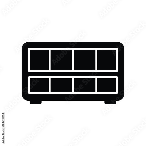Black and white icon of a rectangular shelf unit with eight compartments storage organizer