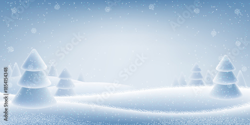 Winter magical snowy 3d landscape background with fir trees. Horizontal banner with copy space. Vector illustration.