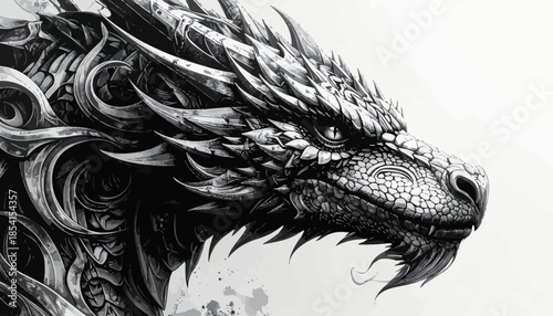 Detailed monochrome drawing of a dragon's head in profile.