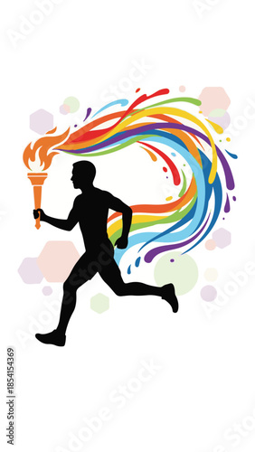 Sports runner carrying torch with vibrant rainbow splash graphic