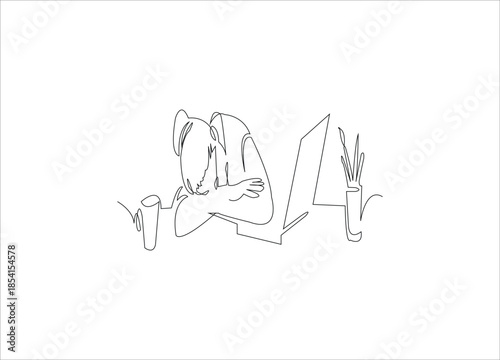 Single continuous line drawing of young tired female.