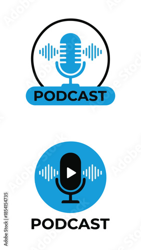 Podcast logo design with microphone and sound waves on white background