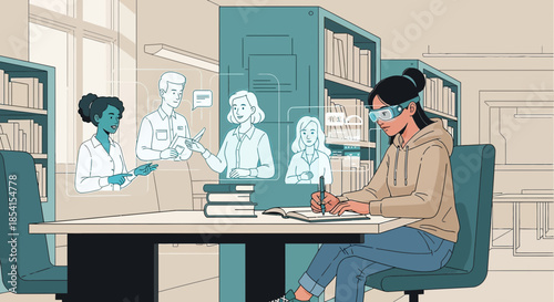 Augmented reality library study session depicts modern learning with virtual collaboration