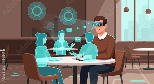 Augmented reality meeting illustration showcasing holographic avatars and communication interface