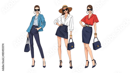 Three women showcasing fashionable outfits and accessories in a stylish illustration.