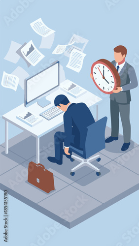 Stressed office worker sitting at desk with boss holding a large clock