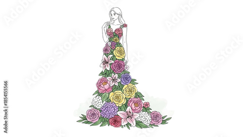 Illustration of a woman with a floral dress standing in a garden viewed from the side