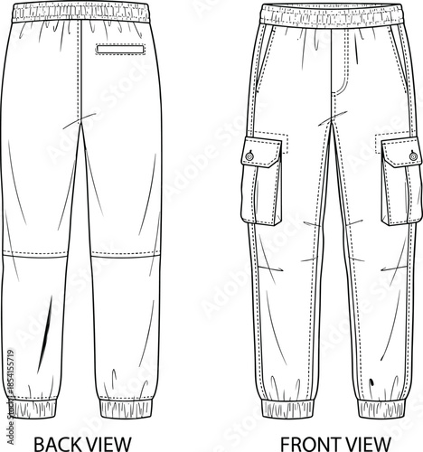 Cargo pants technical sketch, front and back views, flap pockets, elastic cuffs, seam details, garment construction, flat vector illustration