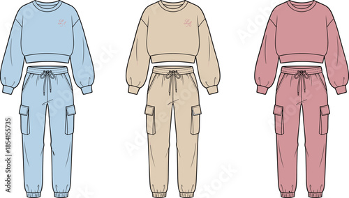 Casual fashion outfit set, cropped sweatshirt and cargo jogger pants, trendy streetwear style, pastel colors, flat vector illustration