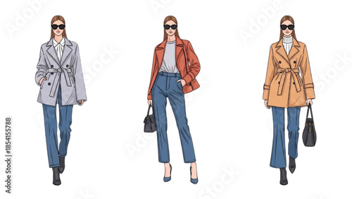 Fashionable women showcasing stylish jackets and casual trousers in various colors against a plain white background