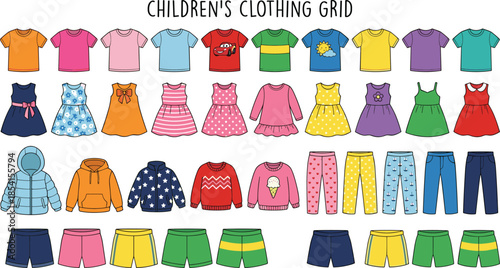 Children’s clothing grid illustration, t-shirts dresses jackets pants shorts sweaters leggings, colorful fashion set, flat vector design