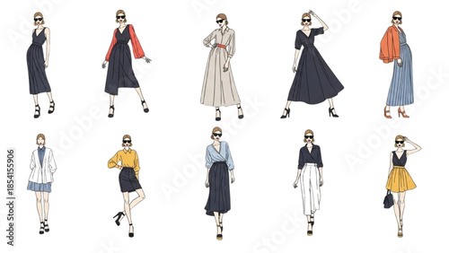 Fashionable women in stylish clothing and accessories walking confidently on a plain white background