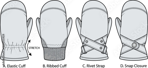 Mitten cuff design types, elastic, ribbed, rivet strap, snap closure, winter glove styles comparison, flat vector illustration