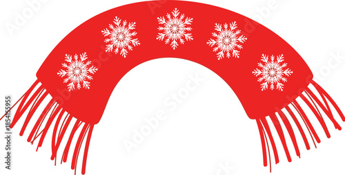 Red winter scarf with snowflakes, curved shape, festive tassels, seasonal accessory design, holiday fashion element, flat vector illustration